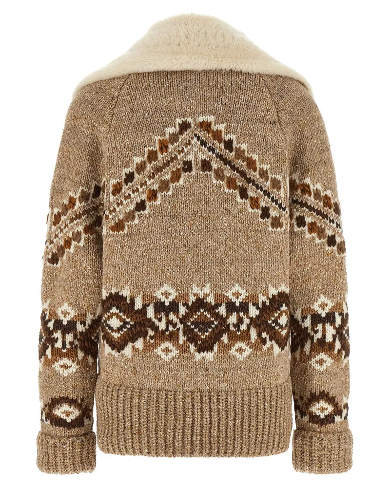 Ermanno Scervino Fair Isle Knit with Sheepskin Collar Jacket — Beige Beige