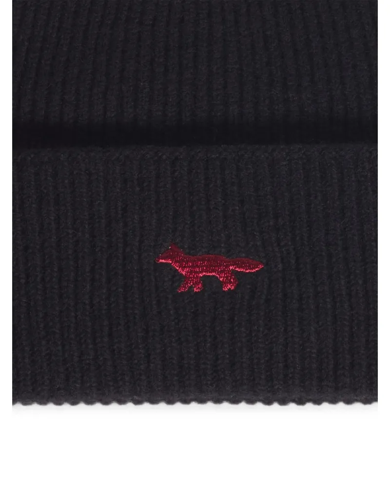 Kitsuné Fox-Embroidered Wool Ribbed Knit Beanie — Black Black