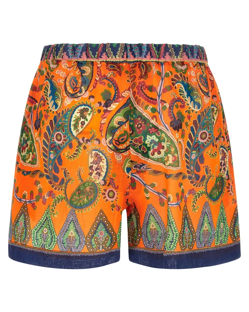 Etro Floral Paisley Ramie Shorts — Orange Orange