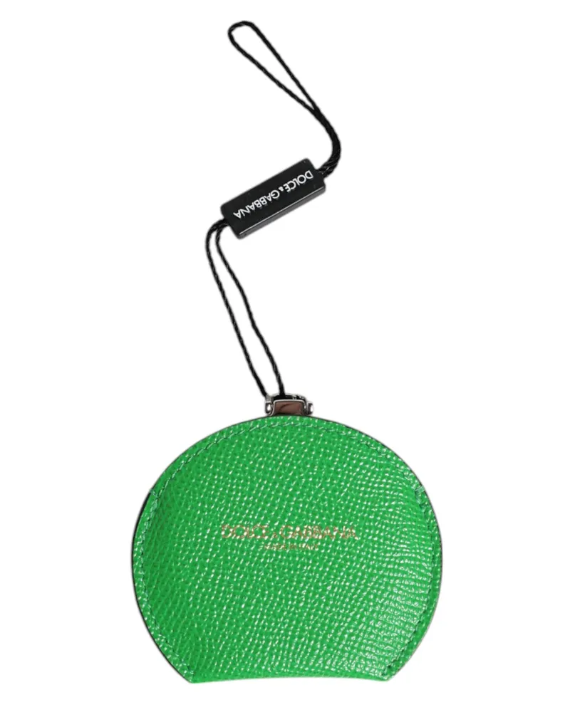 Dolce & Gabbana Women's Green Calfskin Leather Round Logo Hand Mirror Holder Accessory Green