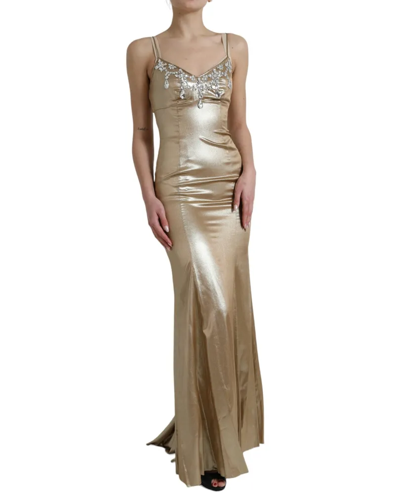 Dolce & Gabbana Women Metallic Gold Crystal Embellished Gown Dress Silk Real Brass Gold