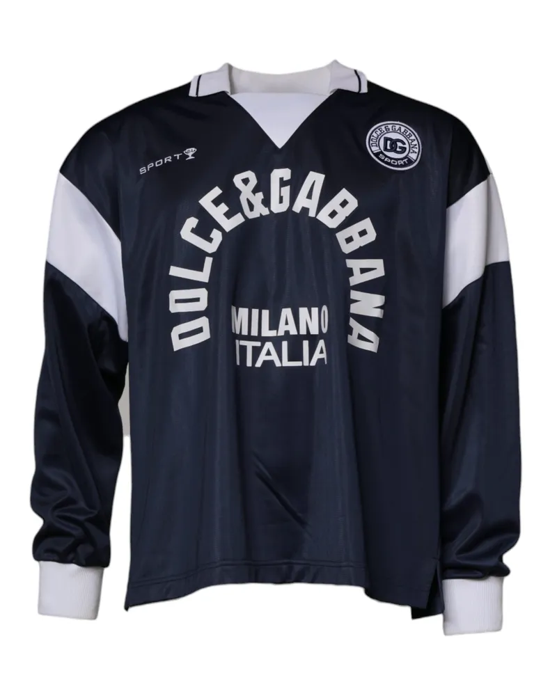 Dolce & Gabbana Men's Blue Logo Jersey Collared Pullover Sweater And White Cotton Clothing Navy