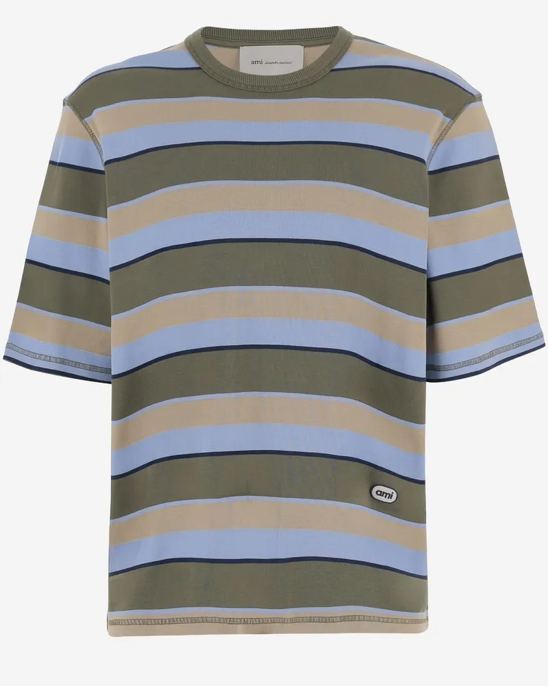 AMI Paris Men's T-Shirt Striped Stretch Cotton Multicolour T-Shirts And Polos Olive