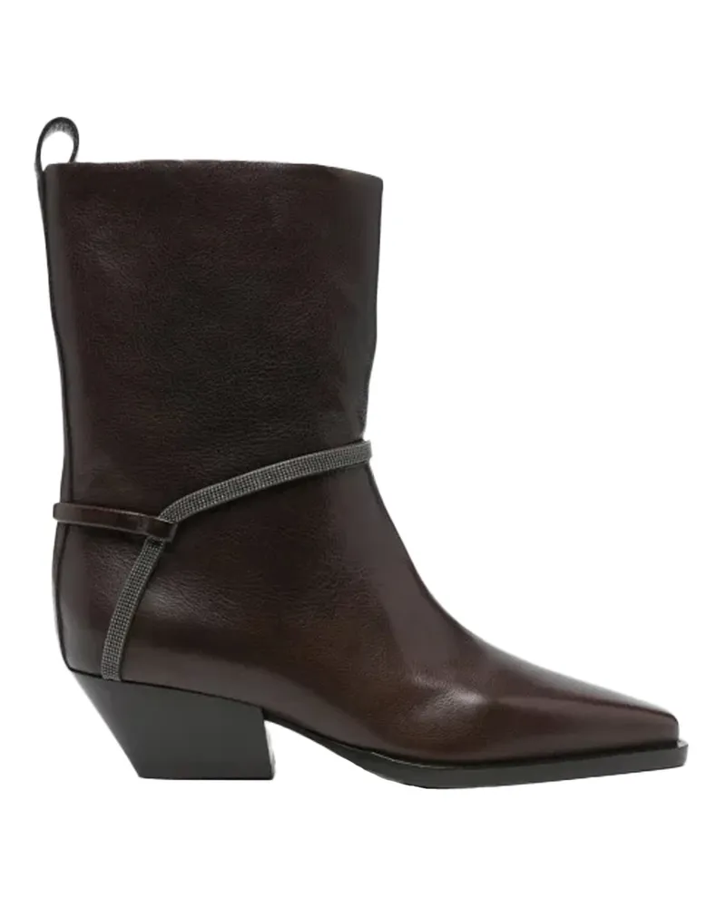 Brunello Cucinelli Leather Square-Toe Block-Heel Ankle Boot 