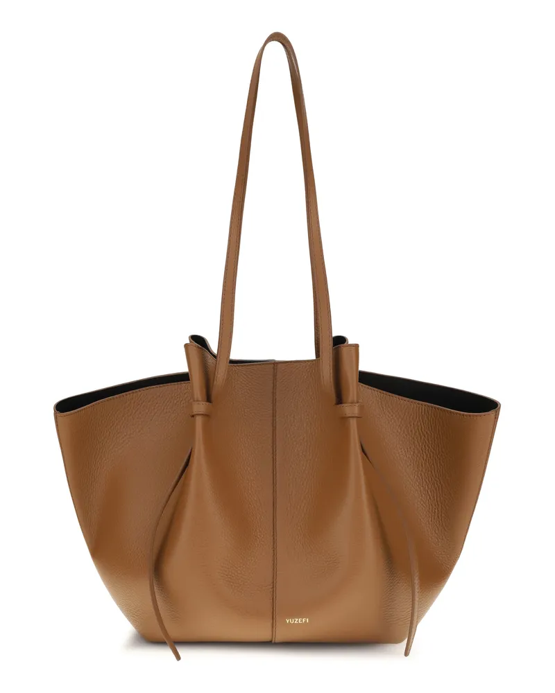 YUZEFI Women's Tote Bag Mochi Hammered Hazel Leather Calf Shoulder Brown