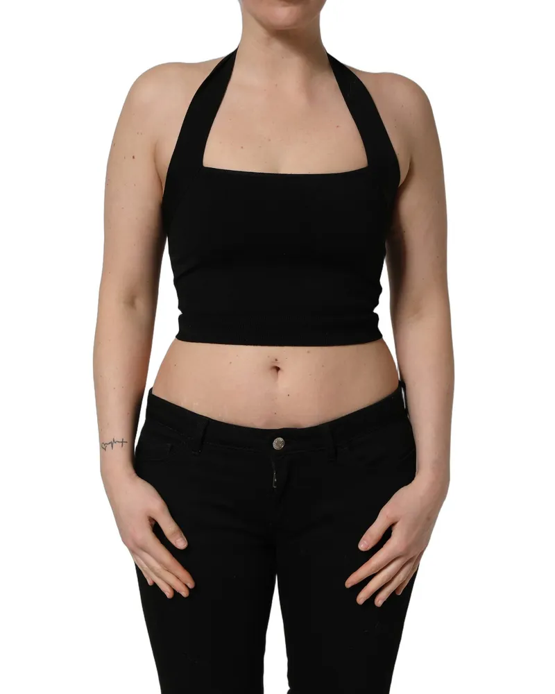 Dolce & Gabbana Women Black Square Neck Halter Cropped Tank Top Black