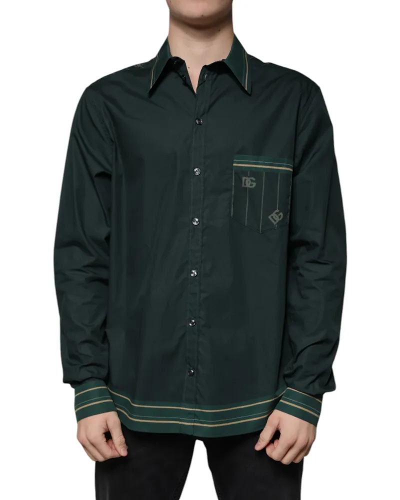 Dolce & Gabbana Men's Green Logo Long Sleeve Martini Casual Shirt Dark Cotton Green