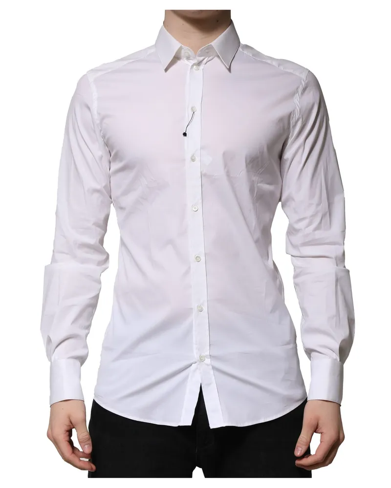 Dolce & Gabbana Men's White Cotton Gold Long Sleeves Formal Shirt Nylon Elastane White