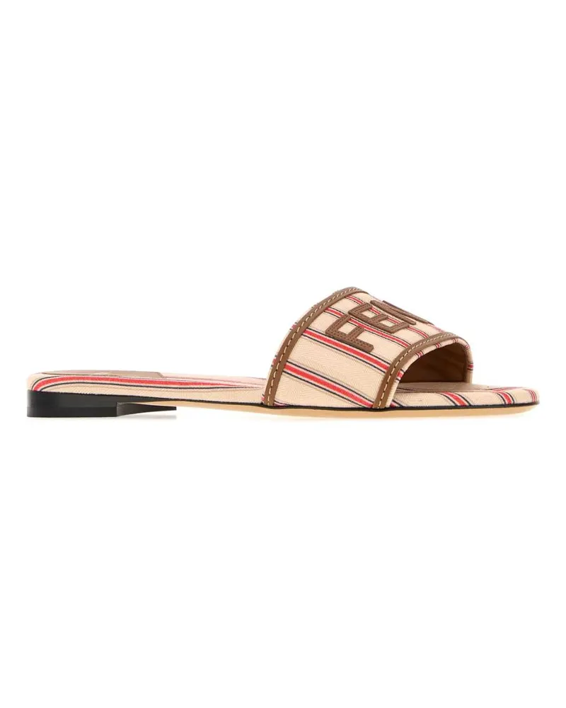 Fendi Women's Embroidered Canvas  Sunshine Slippers Ecr Ross Ner+sellier Flat Shoes Beige