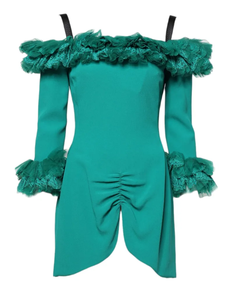 Dolce & Gabbana Women Green Lace Off Shoulder Sheath Mini Dress Green