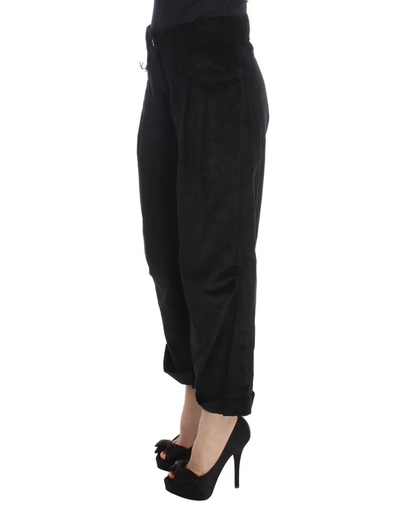 Ermanno Scervino Women Black Velvet Cotton Capri Bootcut Pants Black