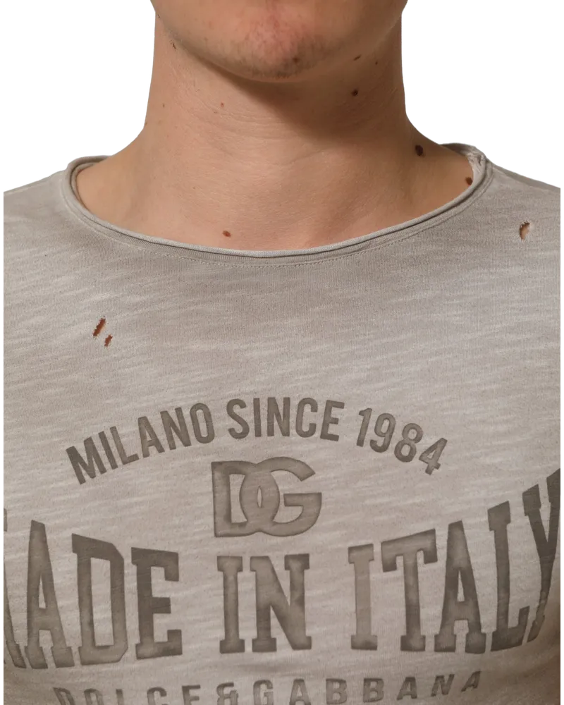 Dolce & Gabbana Logo-Graphic Distressed Cotton T-Shirt — Gray Gray