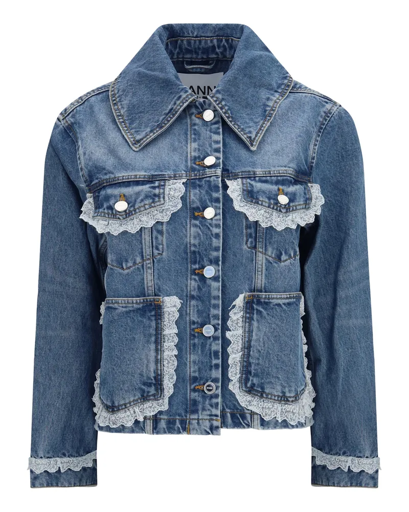 Ganni Women's Rigid Denim Jacket With Lace Details Dark Blue Vintage Cotton Blue
