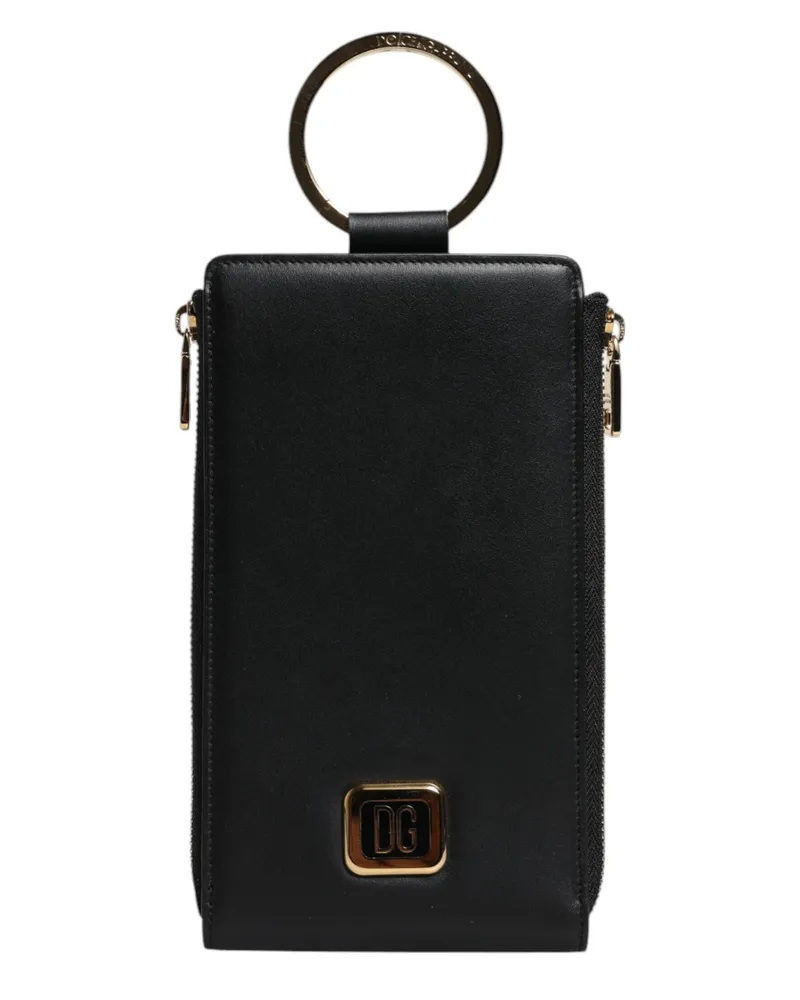 Dolce & Gabbana Women's Black Leather Logo Plaque Neck Strap Card Coin Wallet Black