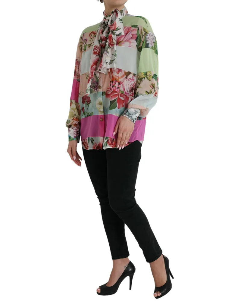 Dolce & Gabbana Women Multicolor Floral Patchwork Ascot Collar Top Silk Elastane Multicolor