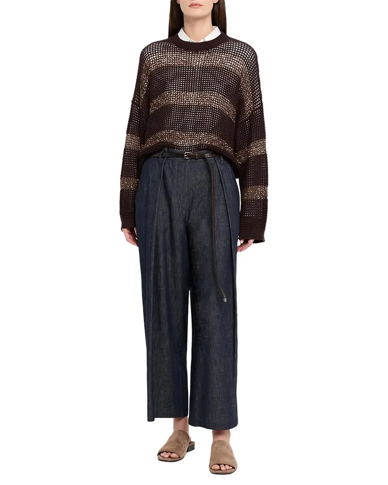 Brunello Cucinelli Sequin-Striped Open-Knit Sweater — Brown Brown