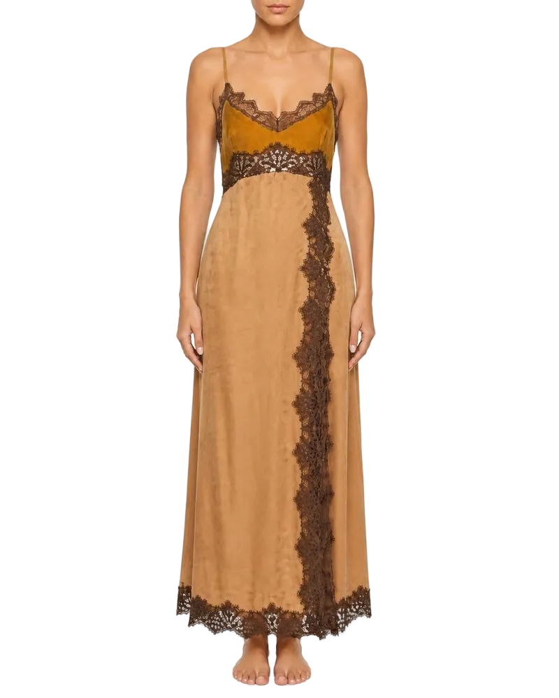 Pinko Lace-Trimmed Viscose Dress — Camel Camel