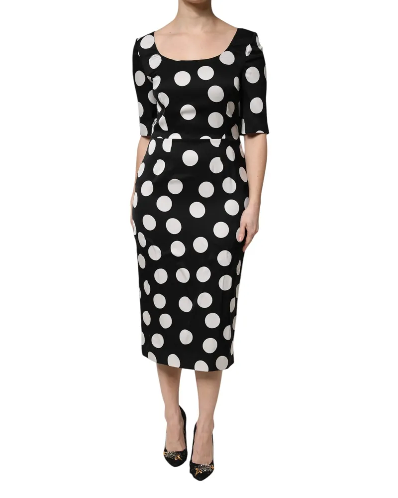 Dolce & Gabbana Women Black White Polka Dot Silk Sheath Midi Dress And Elastane Black