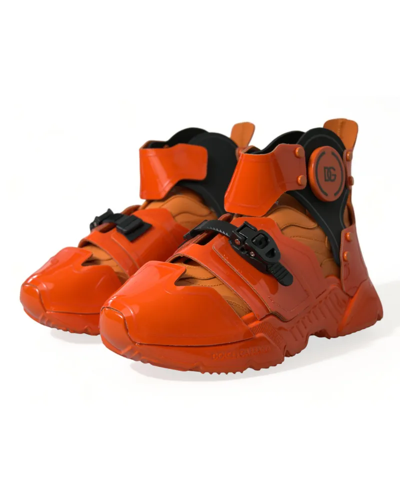 Dolce & Gabbana Men's Orange Multi Panel Chunky High Top Sneakers Shoes Pvc Calfskin Leather Orange
