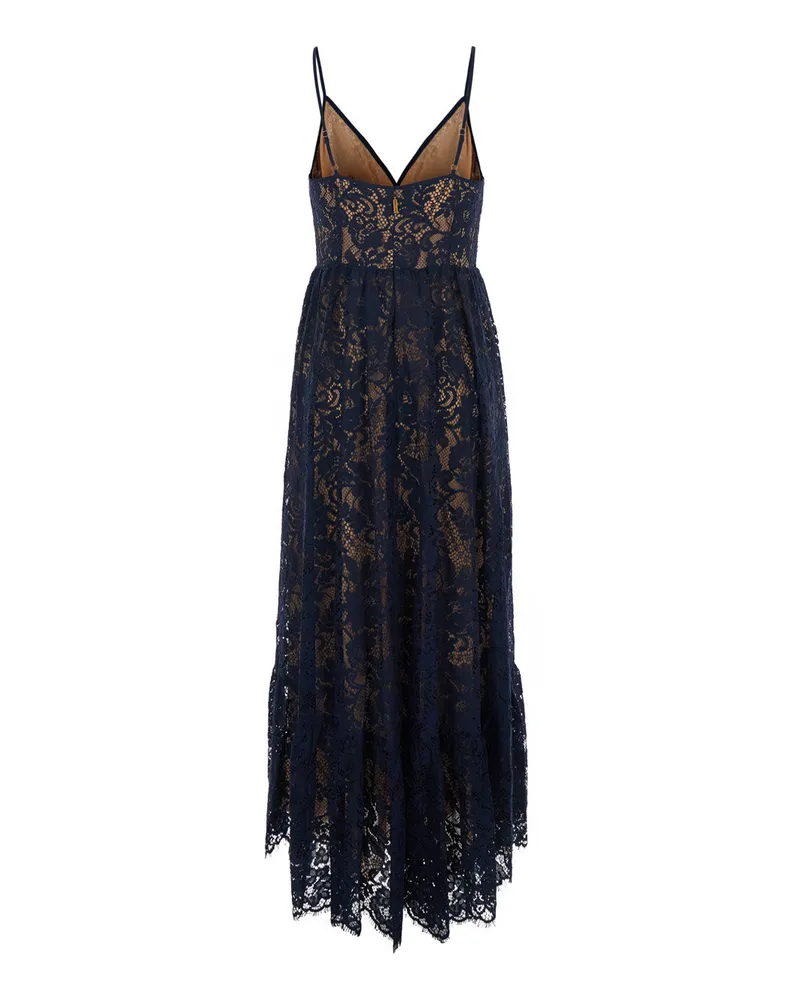 Michael Kors Women's Long V-Neck Lace Dress Blue Nylon Navy