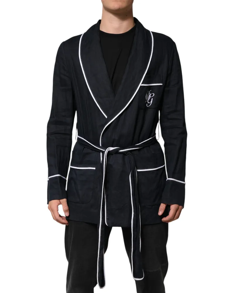 Dolce & Gabbana Men's Dark Blue Dg Embroidery Jacket Robe Blazer Linen Clothing Navy
