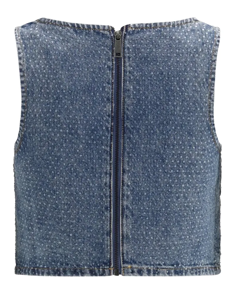 Self-Portrait Women's Denim Crop Top With Crystals Blue Blue