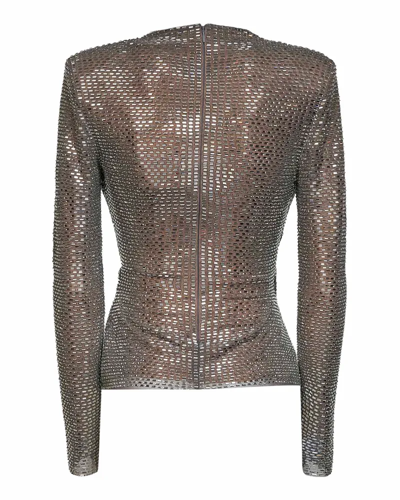 Self-Portrait Women's Mesh Wrap Top With Grey Rhinestones Polyester Tops Gray