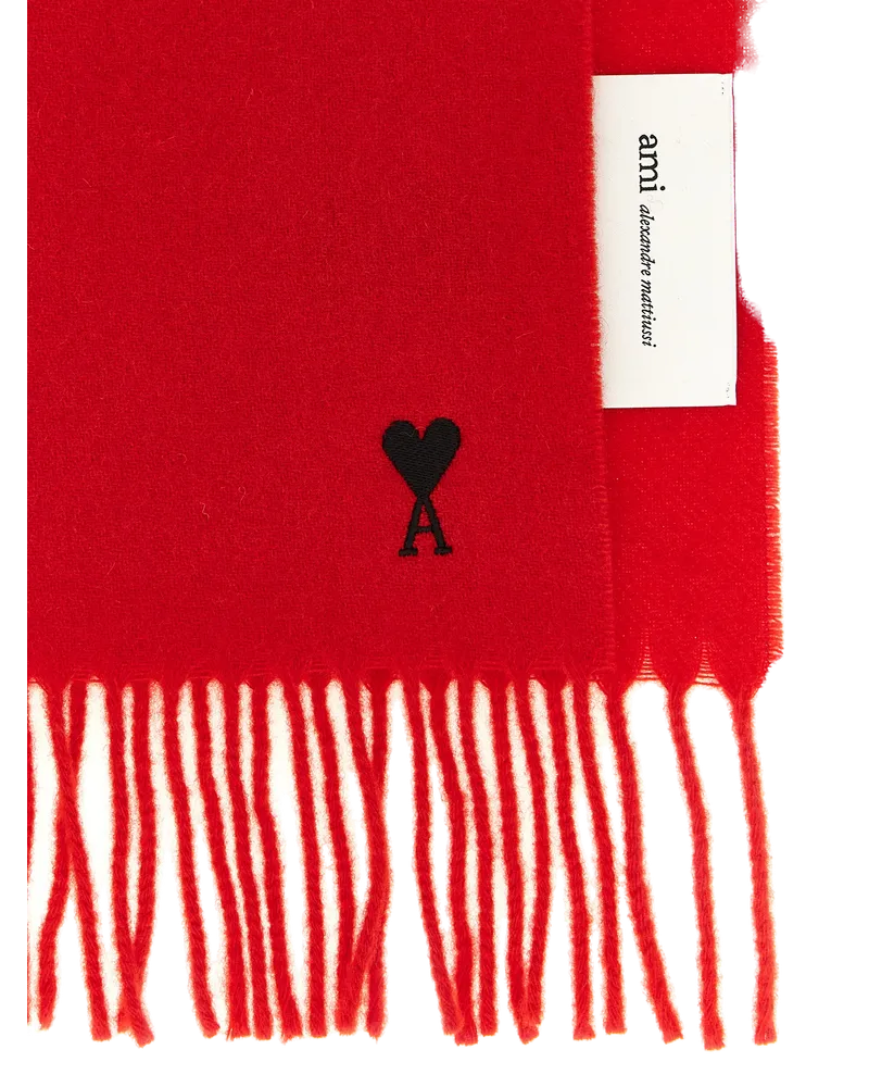 AMI Paris Wool with Ami de Coeur Logo Embroidery Scarf — Red Red