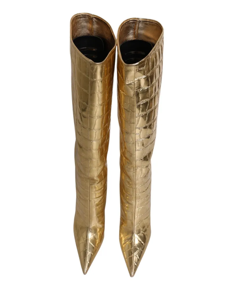 Dolce & Gabbana Women's Gold Leather Stiletto Heels High Boots Shoes Gold