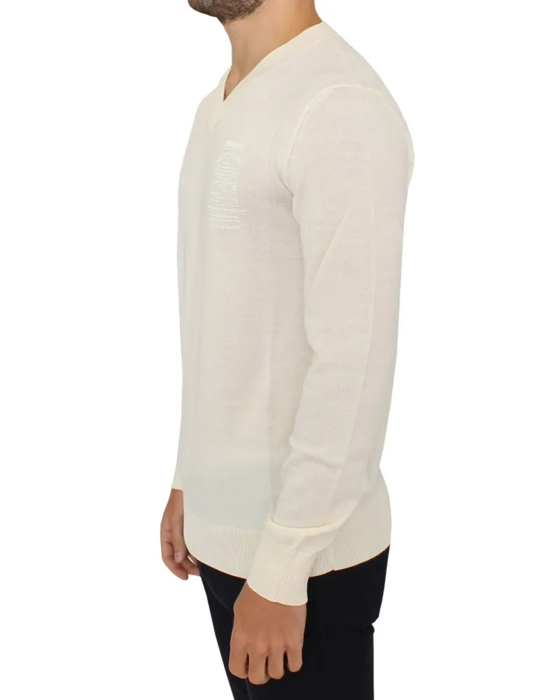 Ermanno Scervino Men Off White Wool Blend V-Neck Pullover Sweater Acrylic Clothing White