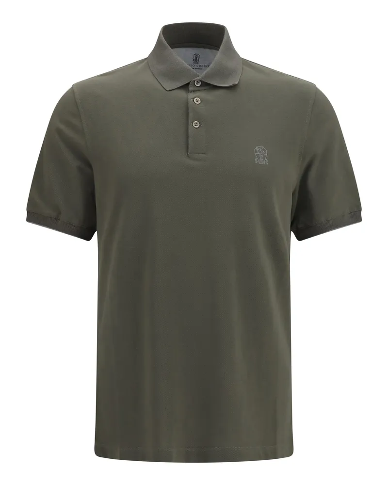 Brunello Cucinelli Cotton Ribbed Collar Polo Shirt — Gray Gray