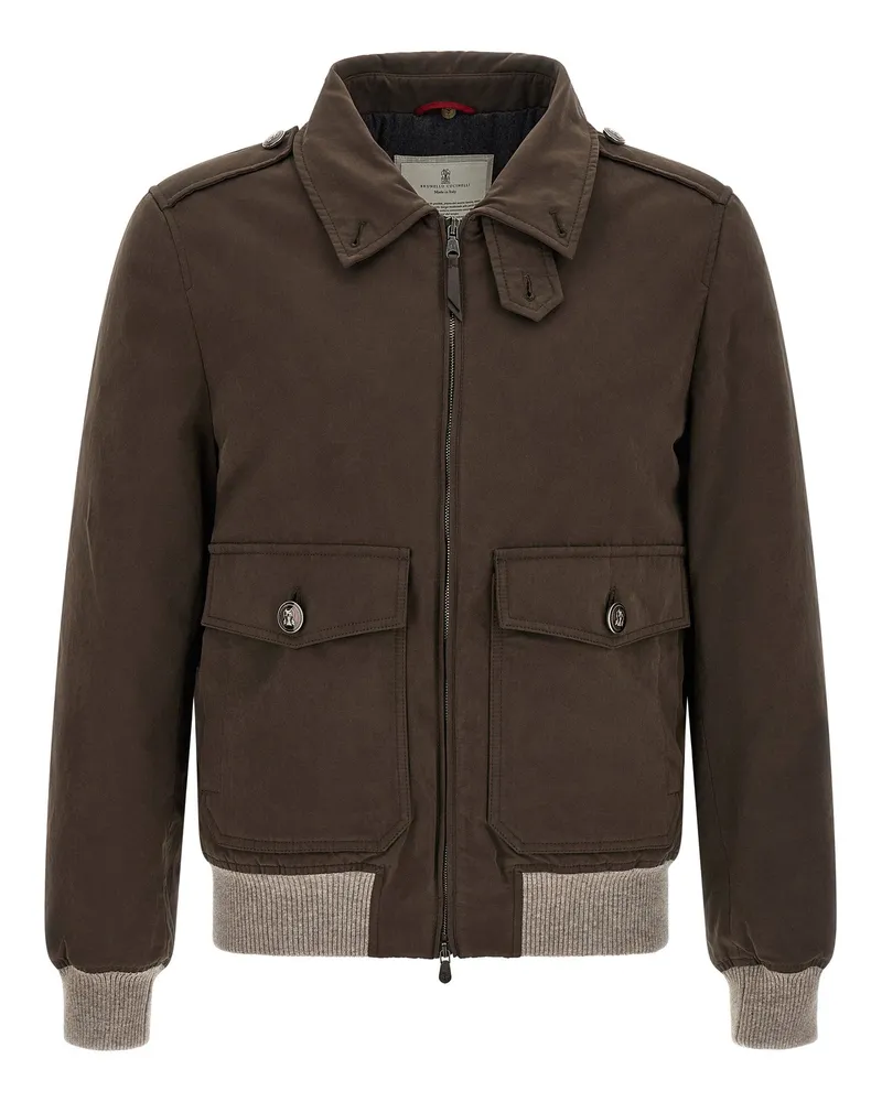 Brunello Cucinelli Shearling-Collar Bomber Jacket — Brown Brown