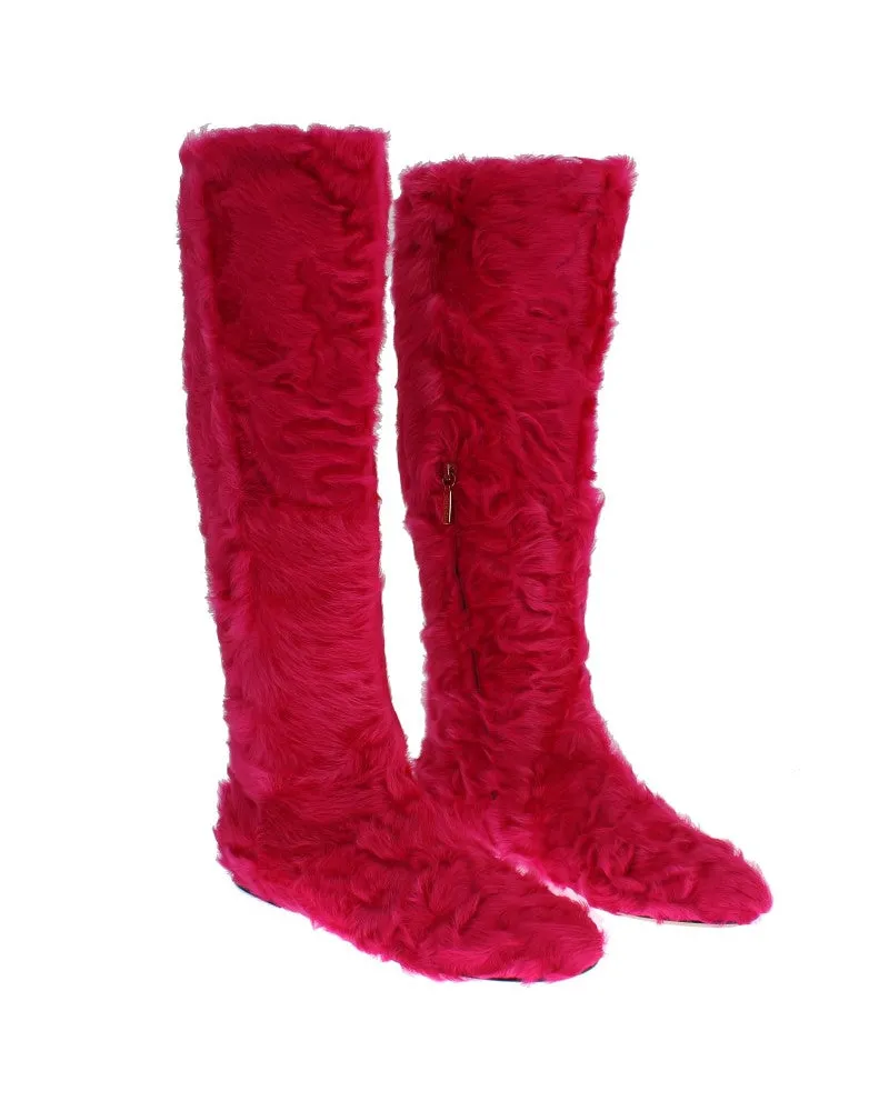 Dolce & Gabbana Women's Pink Lamb Fur Leather Flat Boots Lambskin Pink