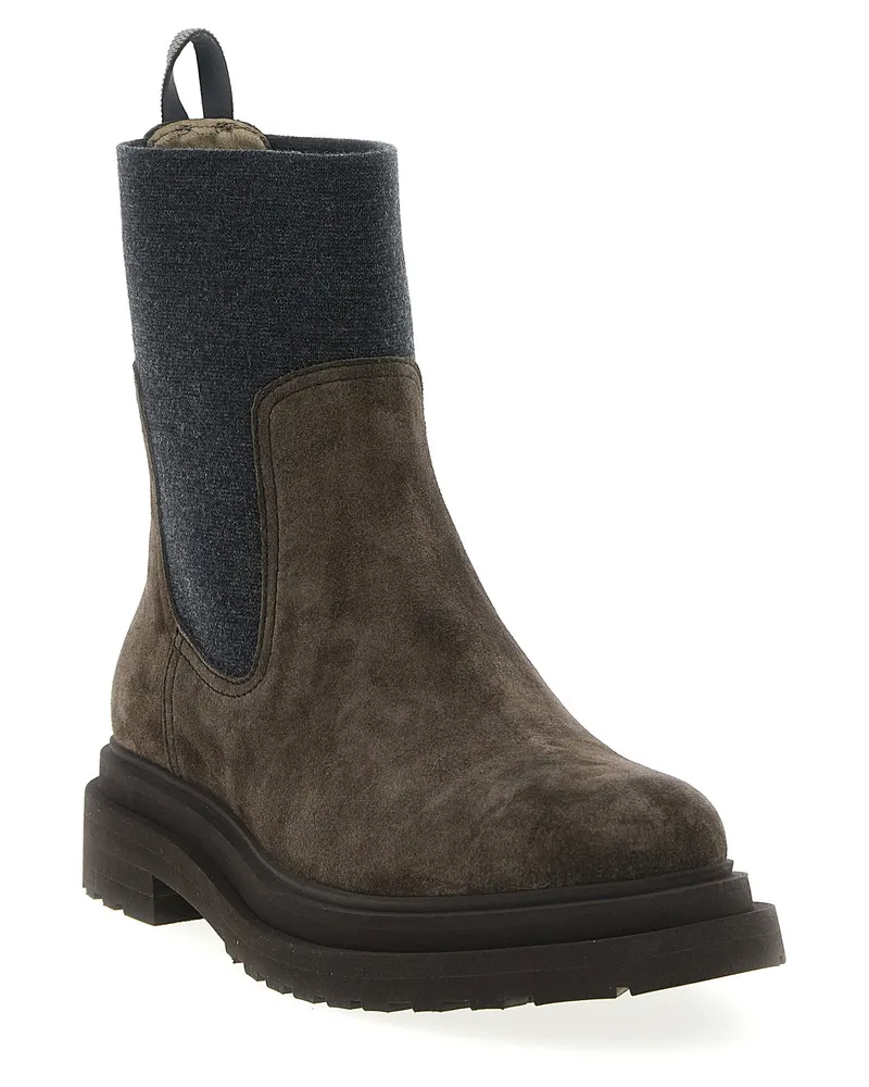 Brunello Cucinelli Suede with Knit Insert Ankle Boot — Brown Brown