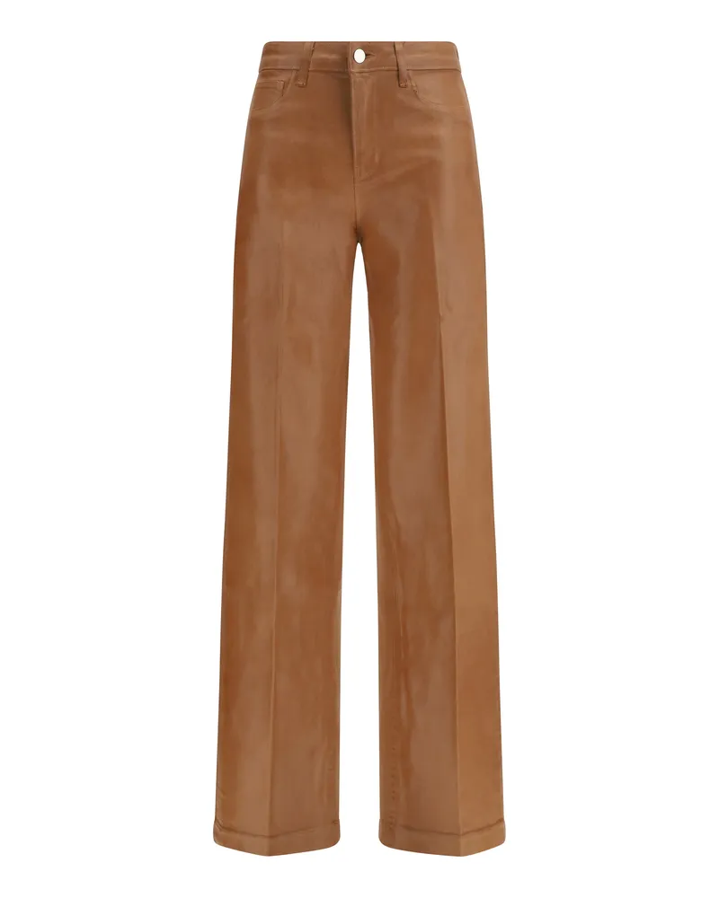 L'Agence Women's Wide Leg Jeans Clayton Light Cognac Coated Cotton Trousers Brown