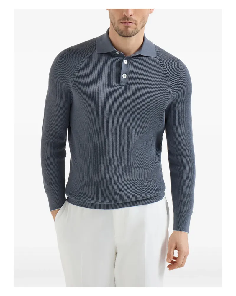 Brunello Cucinelli English Rib Cotton Polo Shirt — Blue Blue