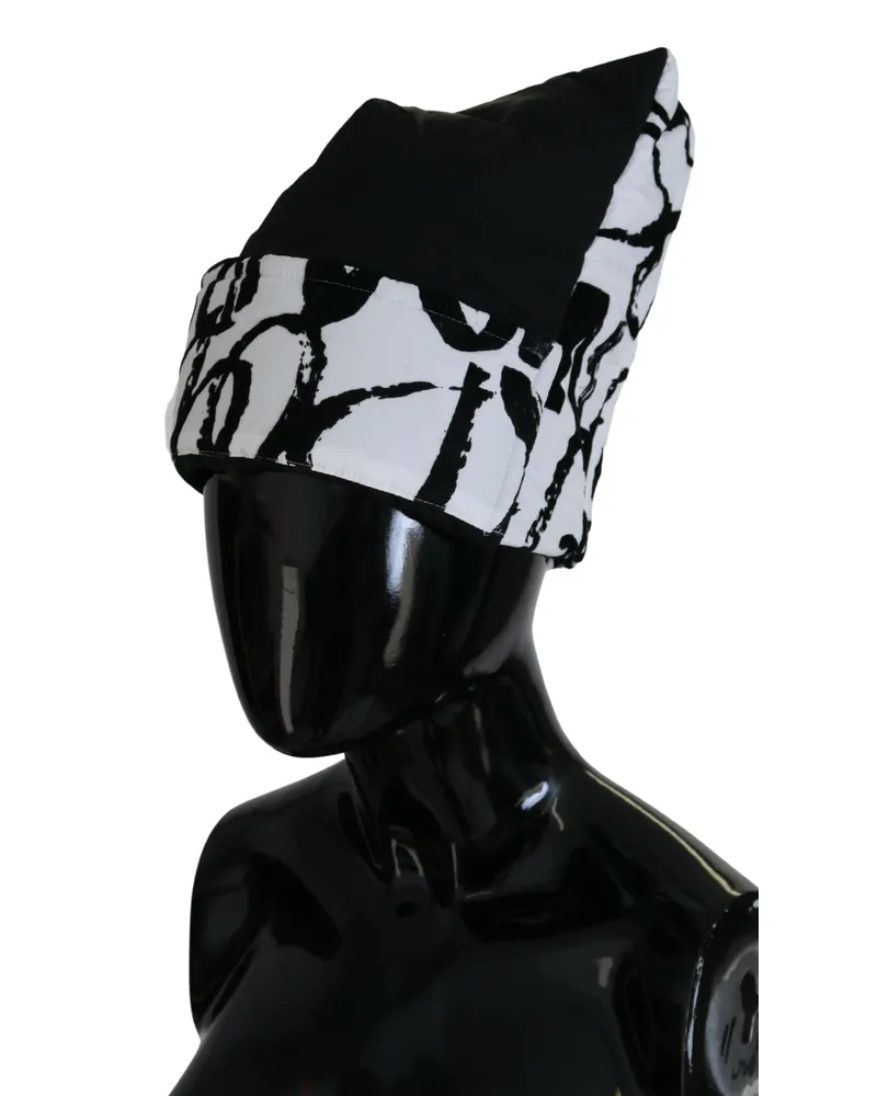 Dolce & Gabbana White Printed Nylon Women Winter Beanie Cap Hat Black And Black