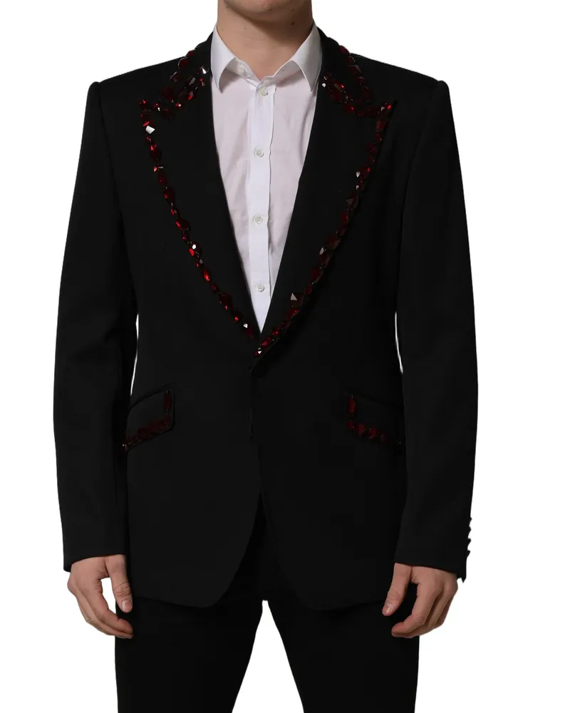 Dolce & Gabbana Men's Black Crystal Embellished Coat Blazer Jacket Virgin Wool Silk Polyester Clothing Black