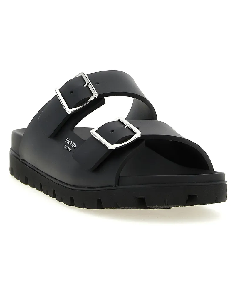 Prada Adjustable Metal Buckle Slide Sandals — Black Black