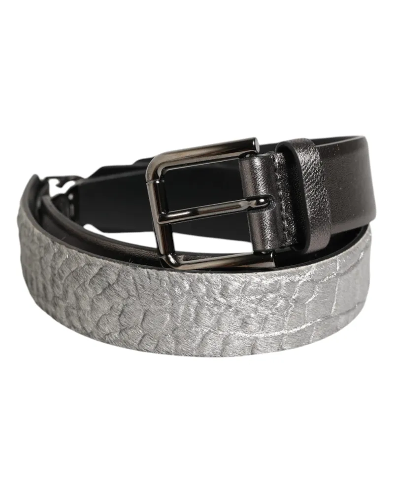 Dolce & Gabbana Black Silver Pebbled Texture Leather Buckle Men Belt | 100lf Black