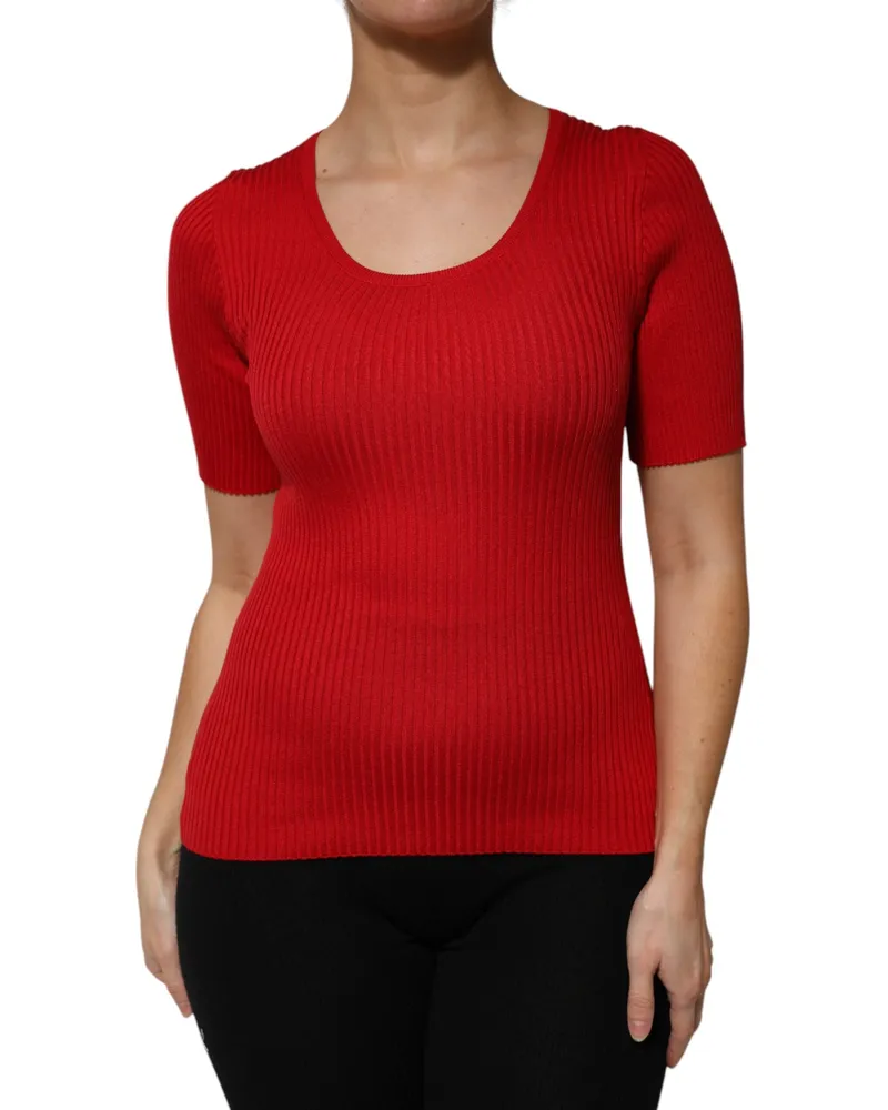 Dolce & Gabbana Women's Red Round Neck Short Sleeves Pullover Top Silk Red