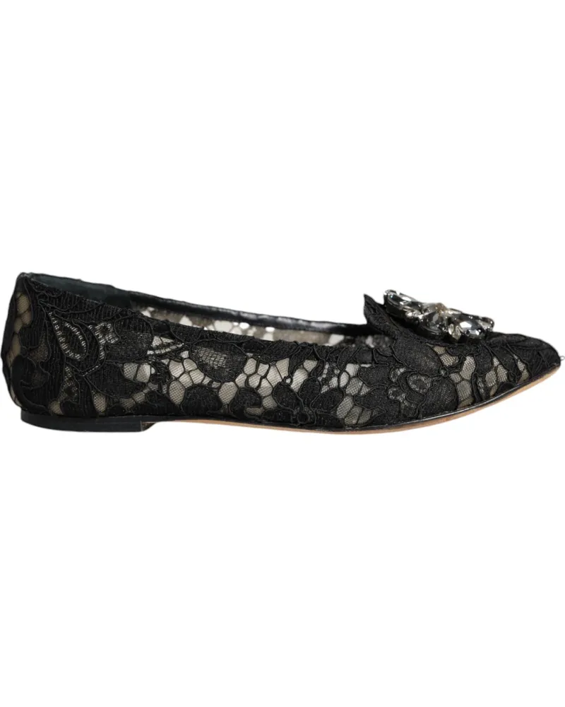 Dolce & Gabbana Women's Black Lace Crystal Ballet Flats Loafer Shoes Viscose Cotton Nylon Black