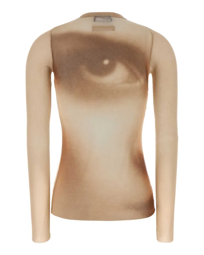 Jean Paul Gaultier Women's Mesh Long Sleeves Top Printed Face Beige Maglie Exterior: Nylon Sweater Beige