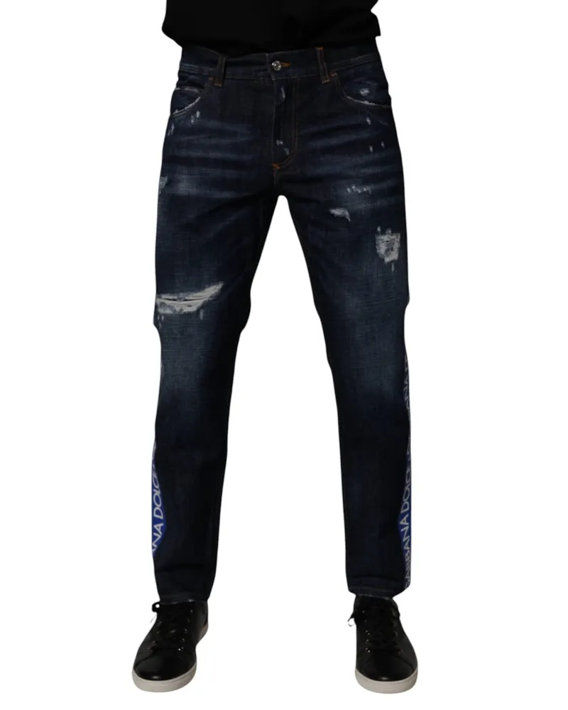 Dolce & Gabbana Men's Dark Blue Cotton Tattered Skinny Denim Jeans Spandex Clothing Navy