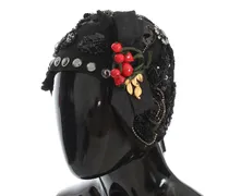 Women's Black Crystal Gold Cherries Brooch Hat Wool