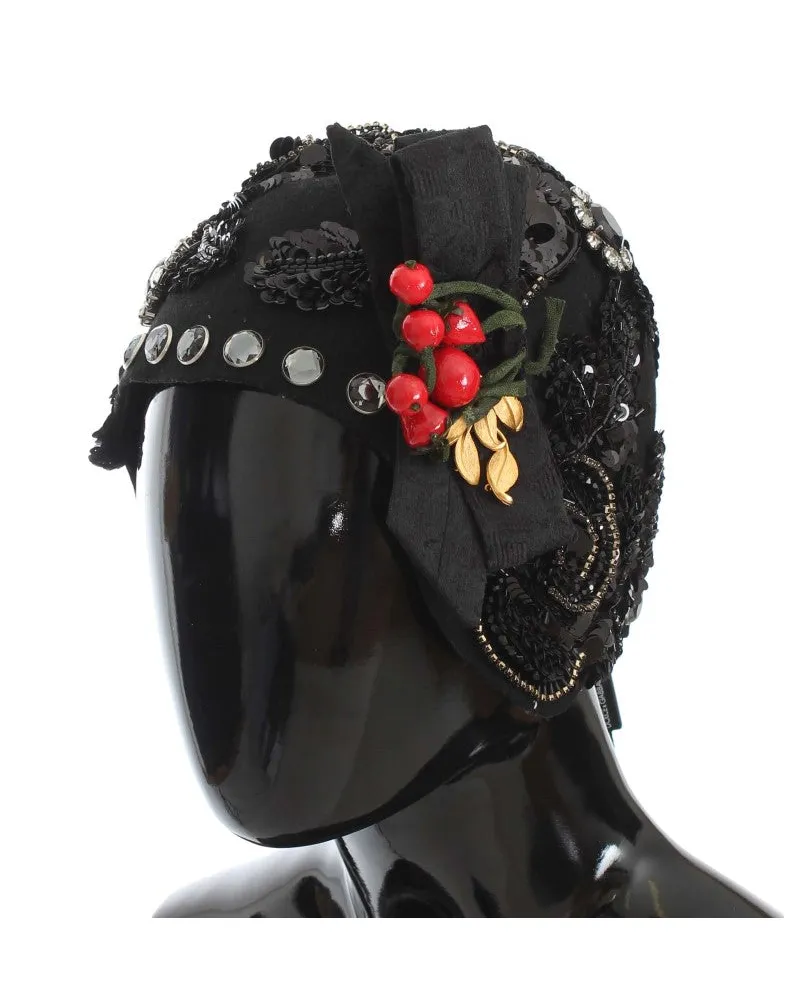 Dolce & Gabbana Women's Black Crystal Gold Cherries Brooch Hat Wool Black