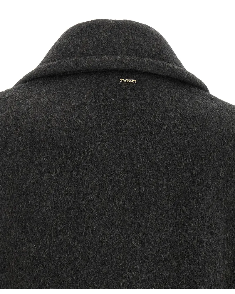 Twin-Set Double-Breasted Wool Blend Coat — Charcoal Charcoal