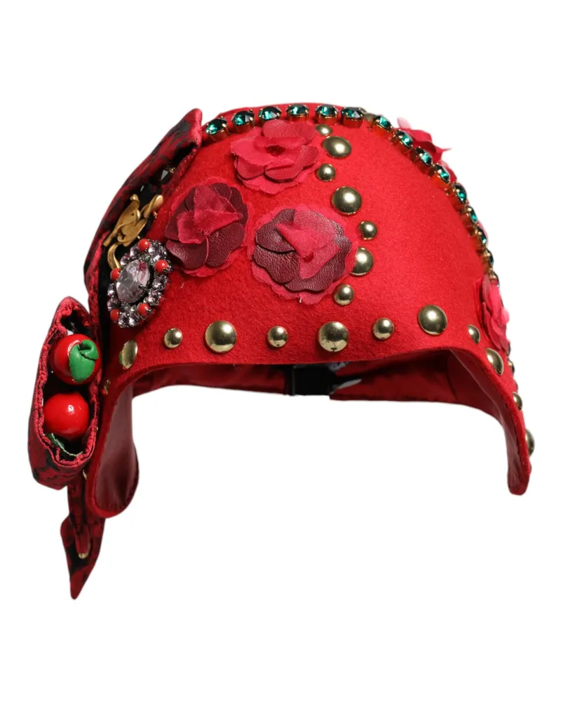 Dolce & Gabbana Women's Red Crystal Gold Roses Brooch Embellished Hat Red