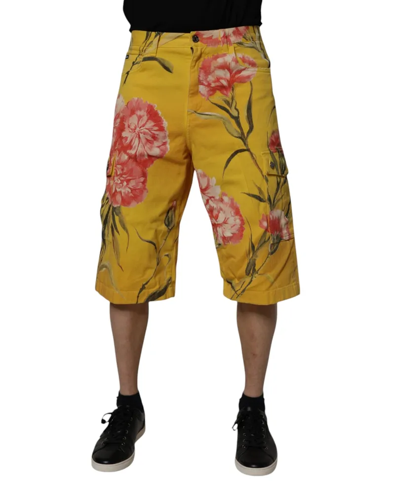Dolce & Gabbana Yellow Floral Cargo Denim Men Bermuda Shorts Cotton Yellow