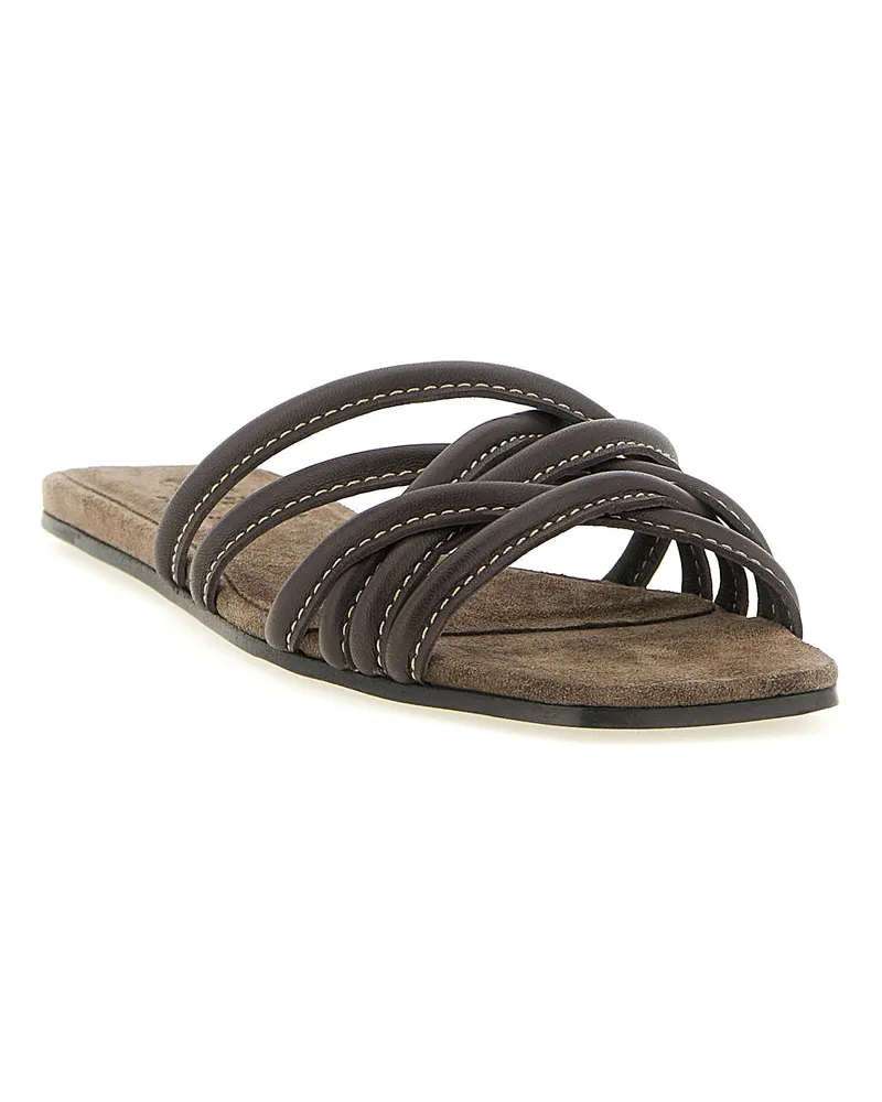 Brunello Cucinelli Contrast-Stitched Leather Slides — Black Black